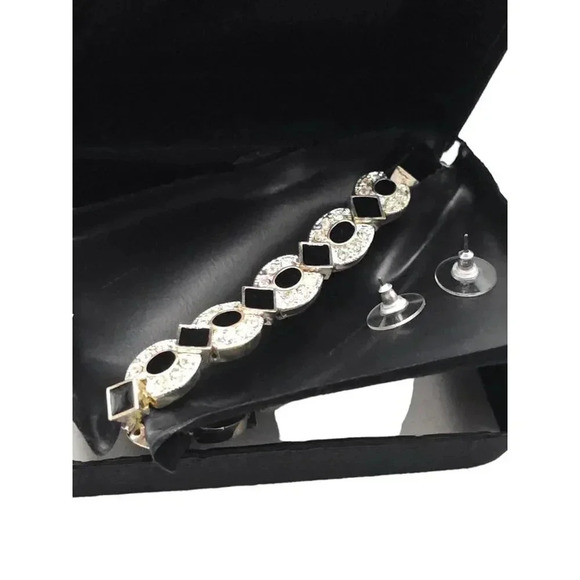 Genuine Crystal Bracelet Earring Set With Black Enamel Clear Rhinestones - Picture 4 of 4